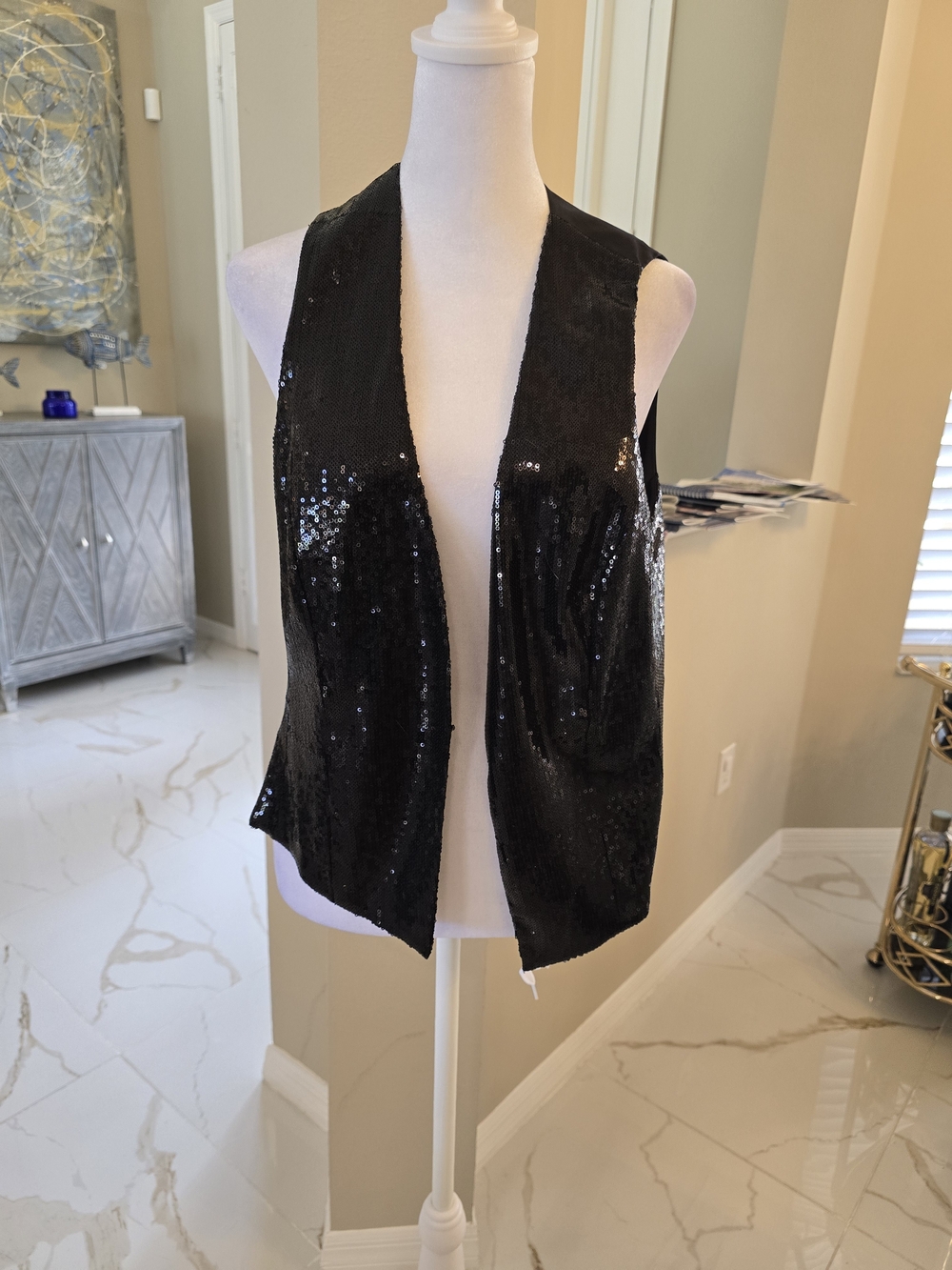 Cache Black Sequin Open-Front Halter Vest